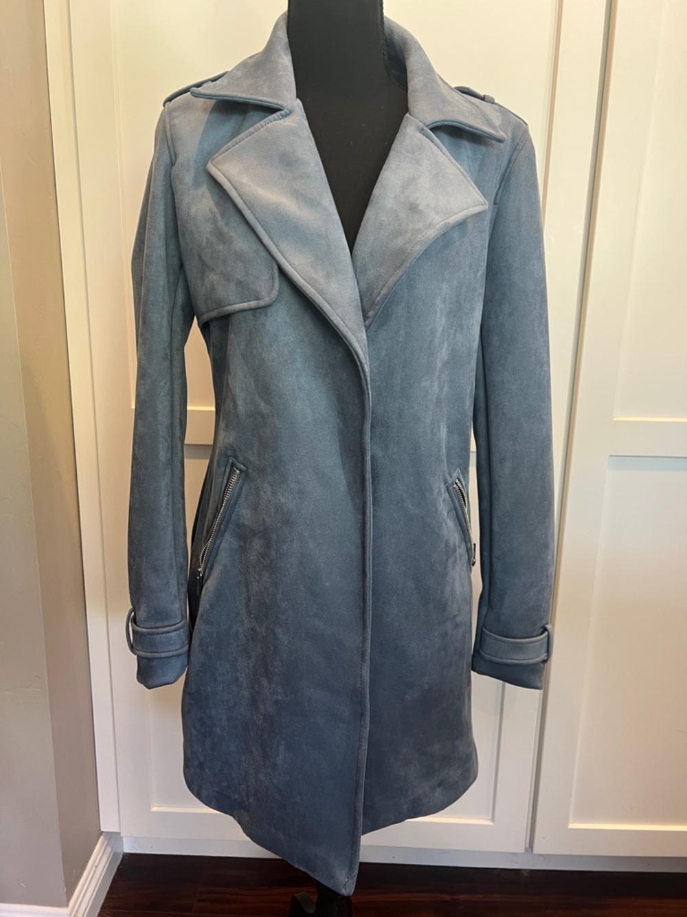 Magaschoni Slate Blue Faux Suede Trench Coat Jacket - Size Small EUC